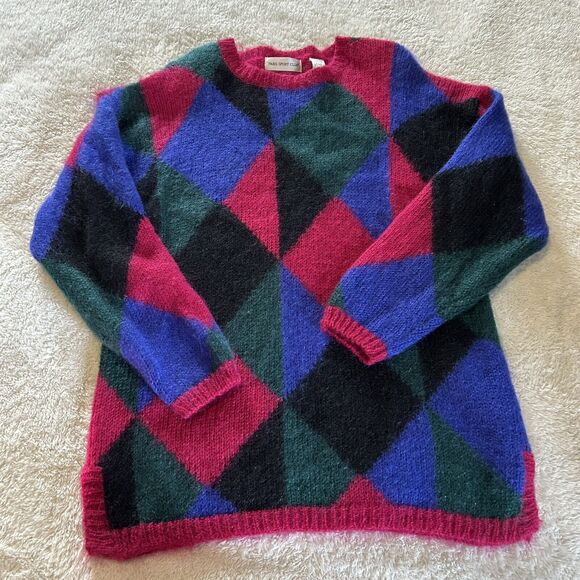 Vintage Sweater Large Mohair Long Line Pink Wool Blend Color Block Fuzzy Grunge - Picture 12 of 12